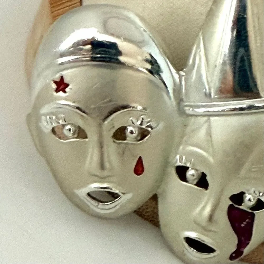 Vintage Silver Tone Triple Clown Theater Mask Enamel Brooch